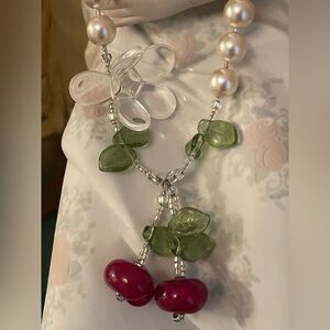 Artisan glass Cherry drops & faux pearls green glass leafs & flower 925 toggle